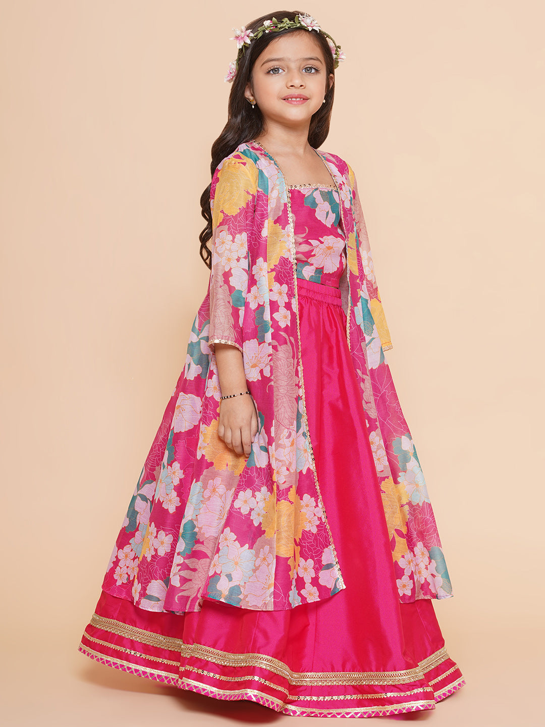 Bitiya by Bhama Girls Pink Floral Print Top & Shrug With Ready to wear Skirts