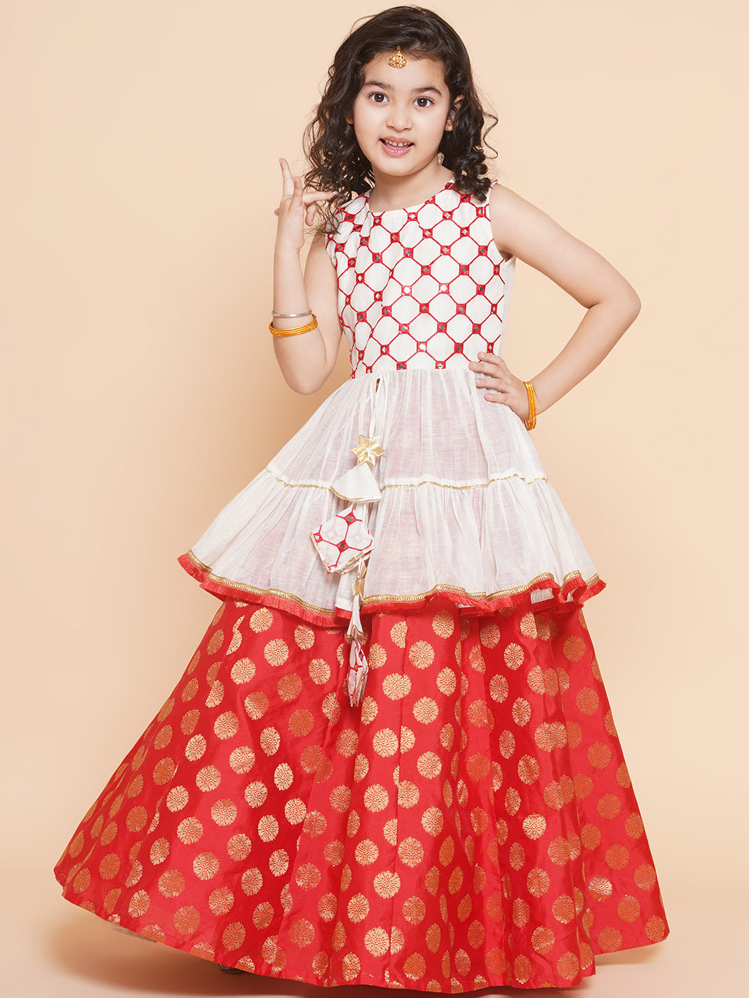 Bitiya By Bhama Girls Off White Mirror Embroidered Lace Work Choli With Red Woven Lehenga