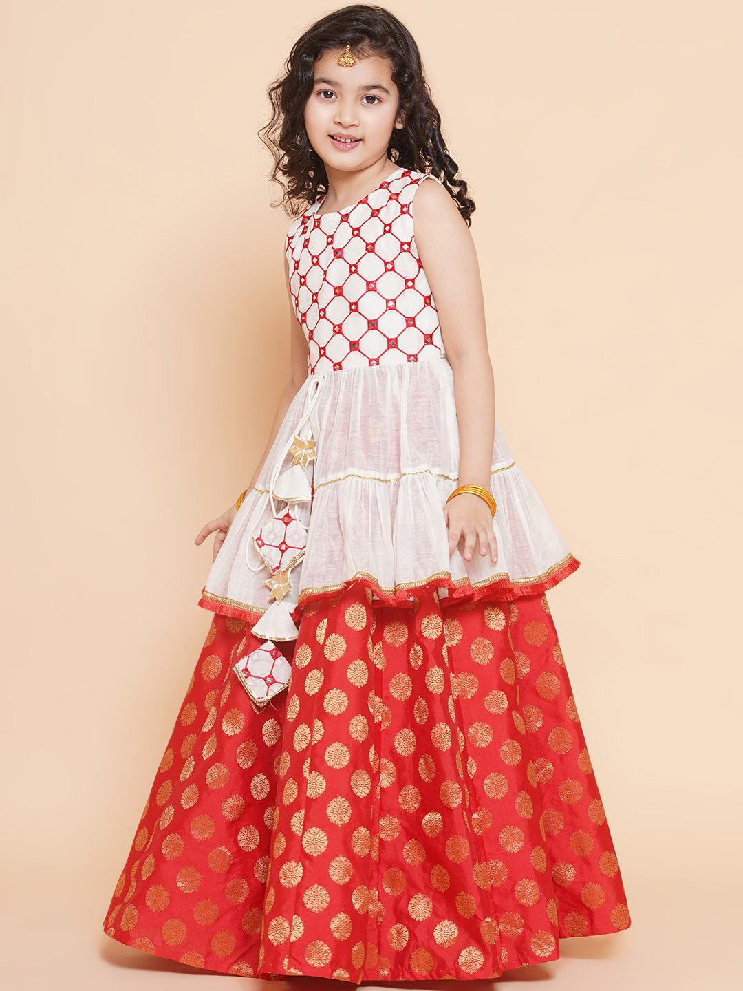Bitiya By Bhama Girls Off White Mirror Embroidered Lace Work Choli With Red Woven Lehenga