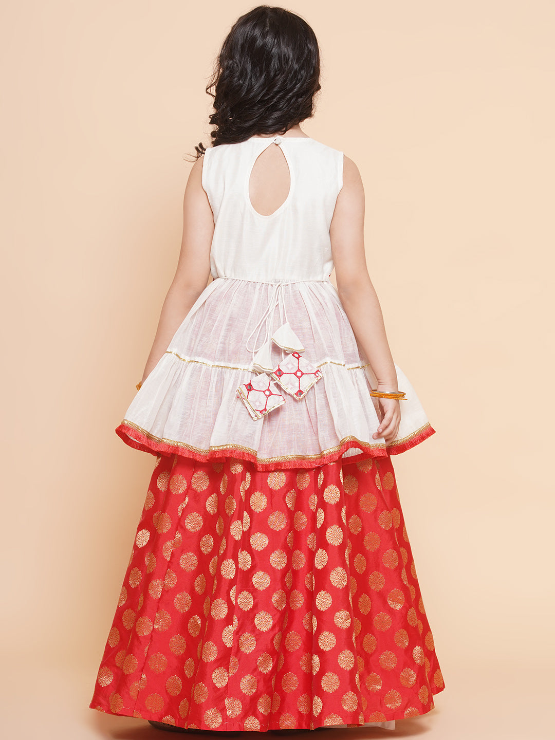 Bitiya By Bhama Girls Off White Mirror Embroidered Lace Work Choli With Red Woven Lehenga
