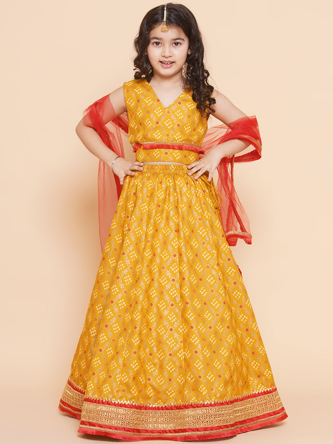 Bitiya By Bhama Girls Yellow Mustard Bandhej Printed Lace Work Lehanga,Choli With Dupatta.