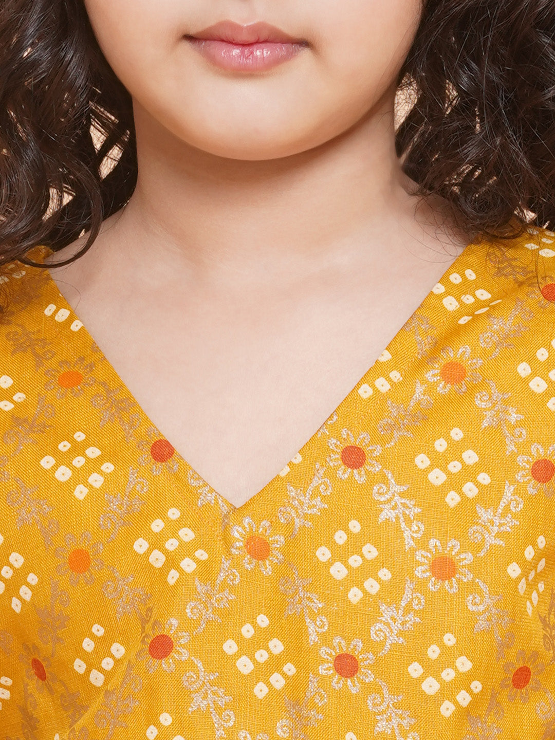 Bitiya By Bhama Girls Yellow Mustard Bandhej Printed Lace Work Lehanga,Choli With Dupatta.