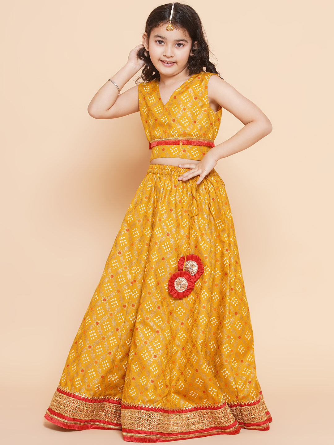 Bitiya By Bhama Girls Yellow Mustard Bandhej Printed Lace Work Lehanga,Choli With Dupatta.