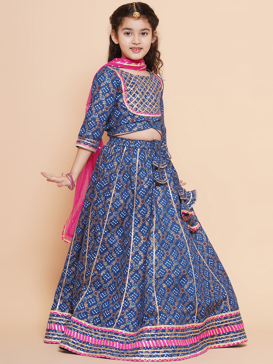 Bitiya By Bhama Girls Blue & Pink Printed Ready To Wear Lehenga & Blouse With Dupatta