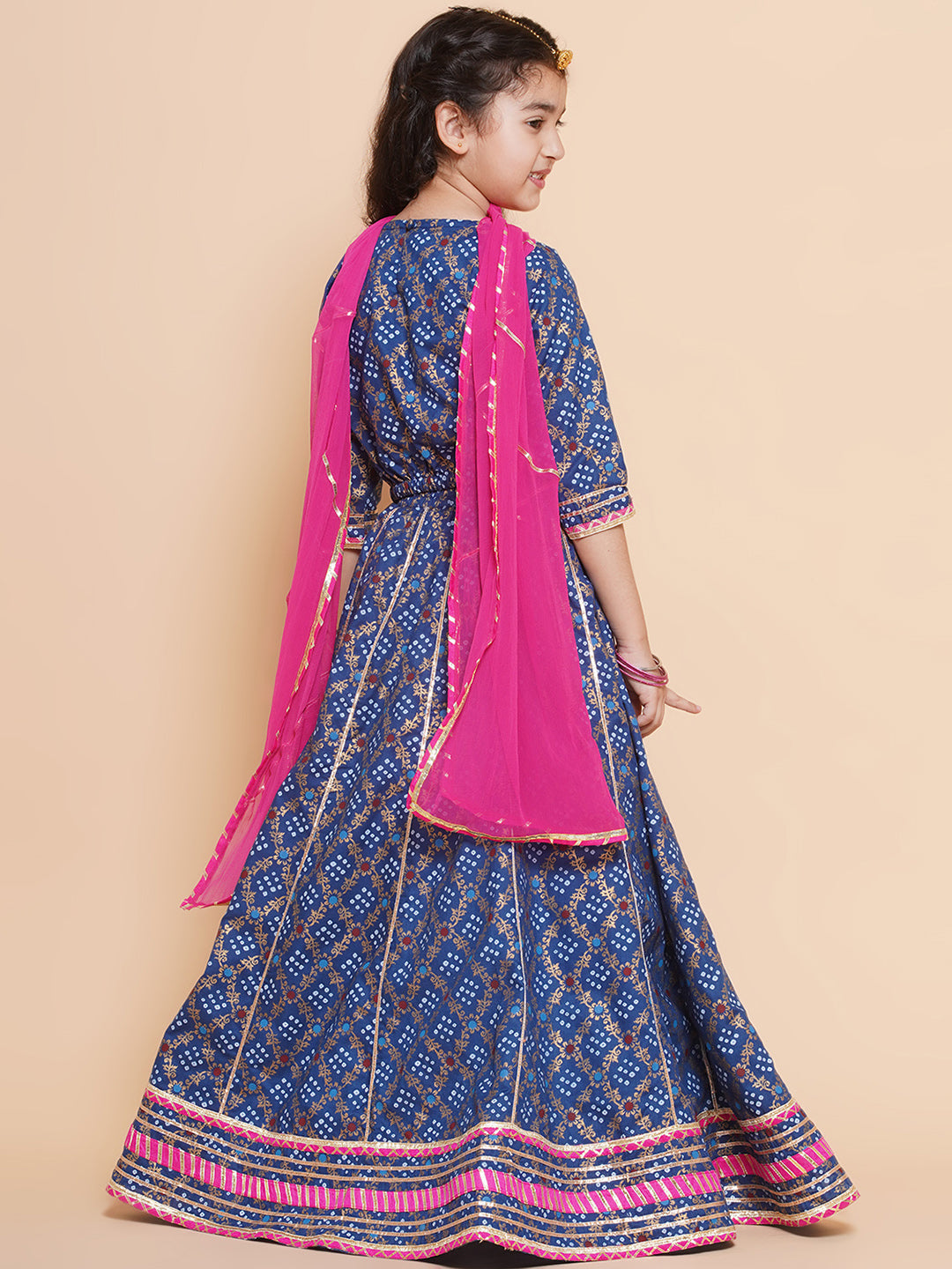 Bitiya By Bhama Girls Blue & Pink Printed Ready To Wear Lehenga & Blouse With Dupatta