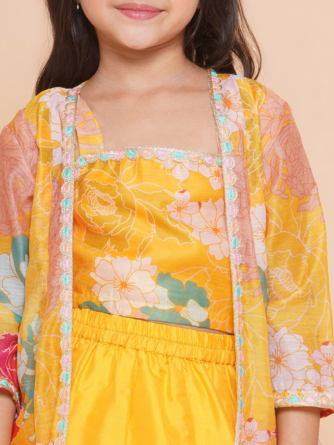 Shop Bitiya by Bhama Girls Yellow Floral Print Top & Shrug With Ready ...