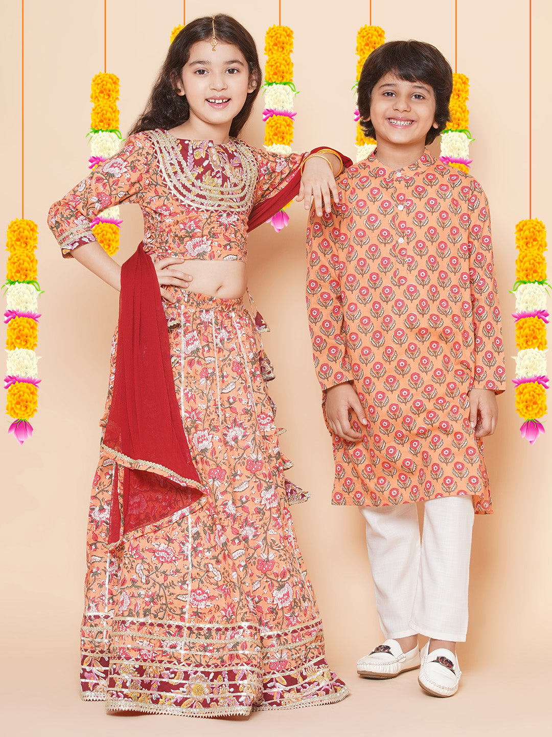 Bitiya by Bhama Girls Peach Flower Jaal Printed with Lace detailed Lehenga with Choli With Dupatta