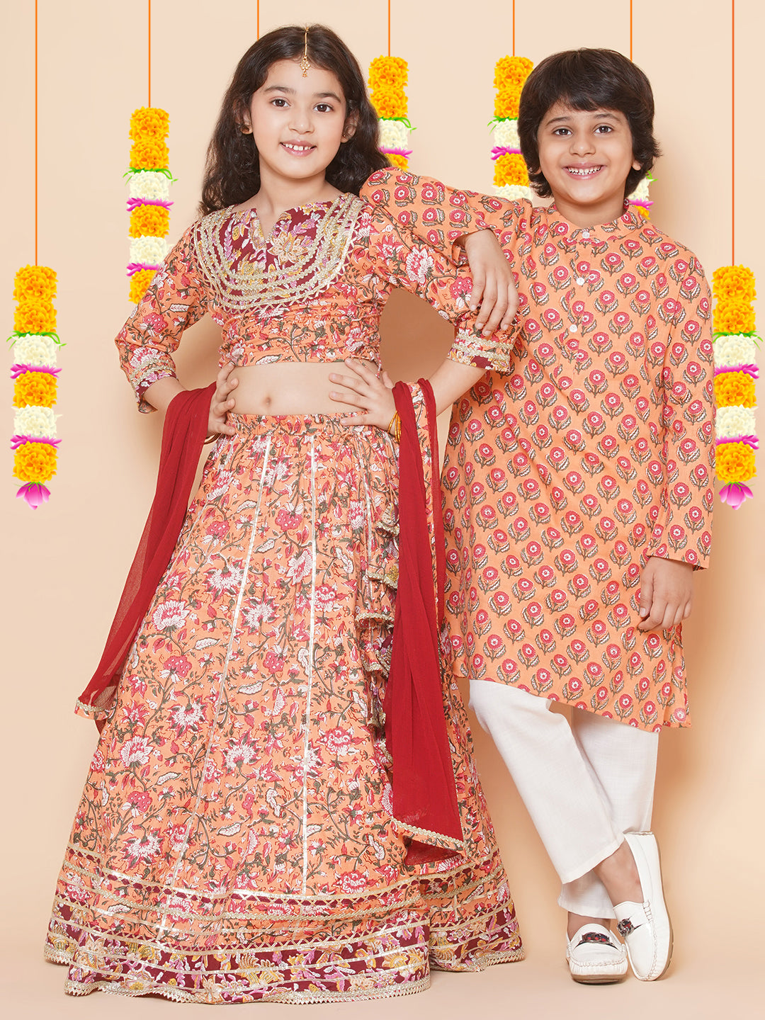 Bitiya by Bhama Girls Peach Flower Jaal Printed with Lace detailed Lehenga with Choli With Dupatta