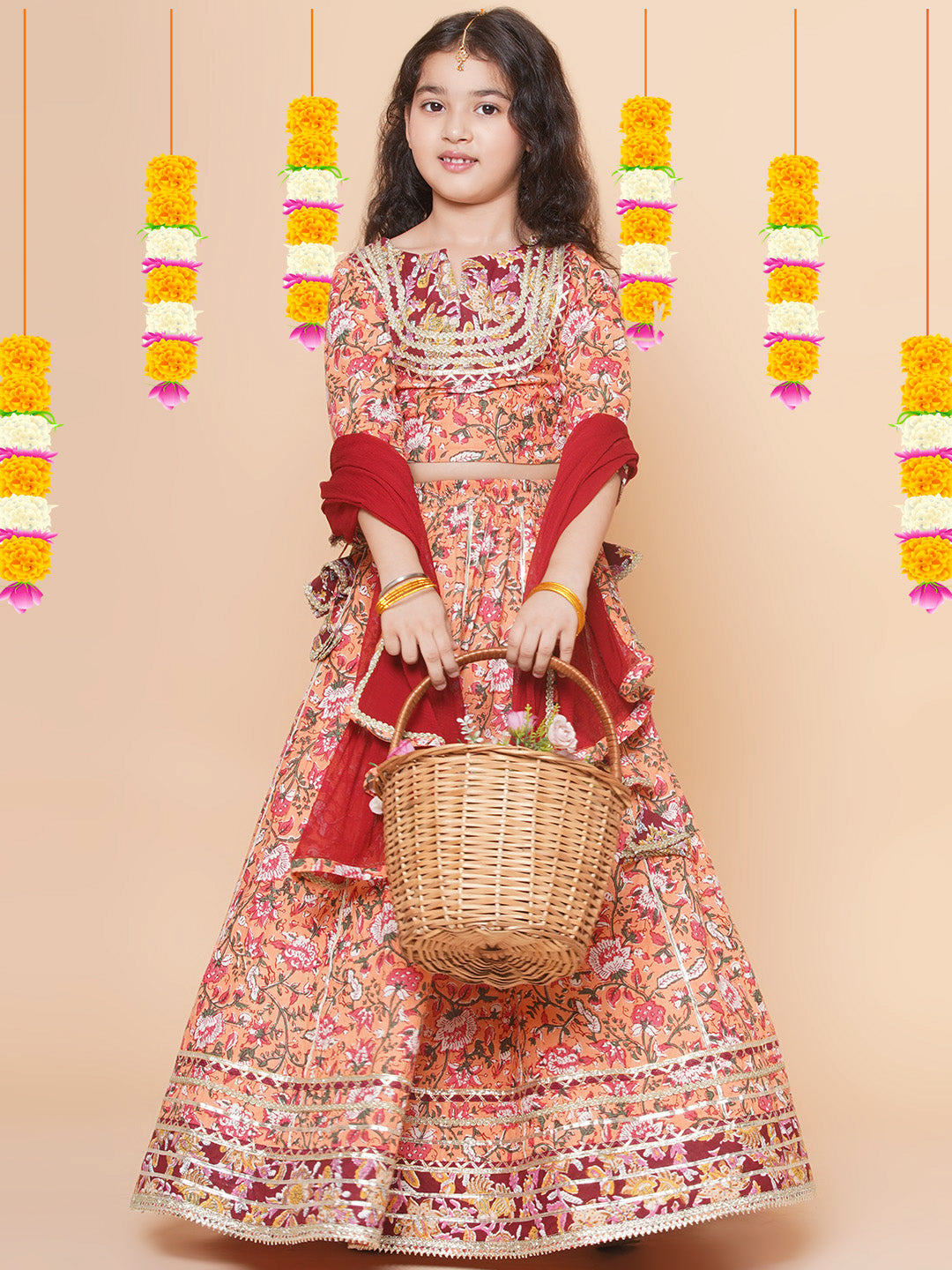 Bitiya by Bhama Girls Peach Flower Jaal Printed with Lace detailed Lehenga with Choli With Dupatta