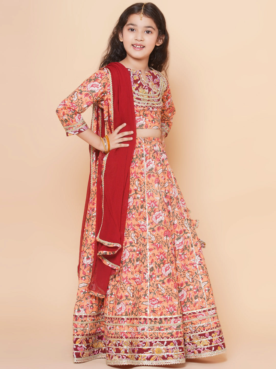Bitiya by Bhama Girls Peach Flower Jaal Printed with Lace detailed Lehenga with Choli With Dupatta