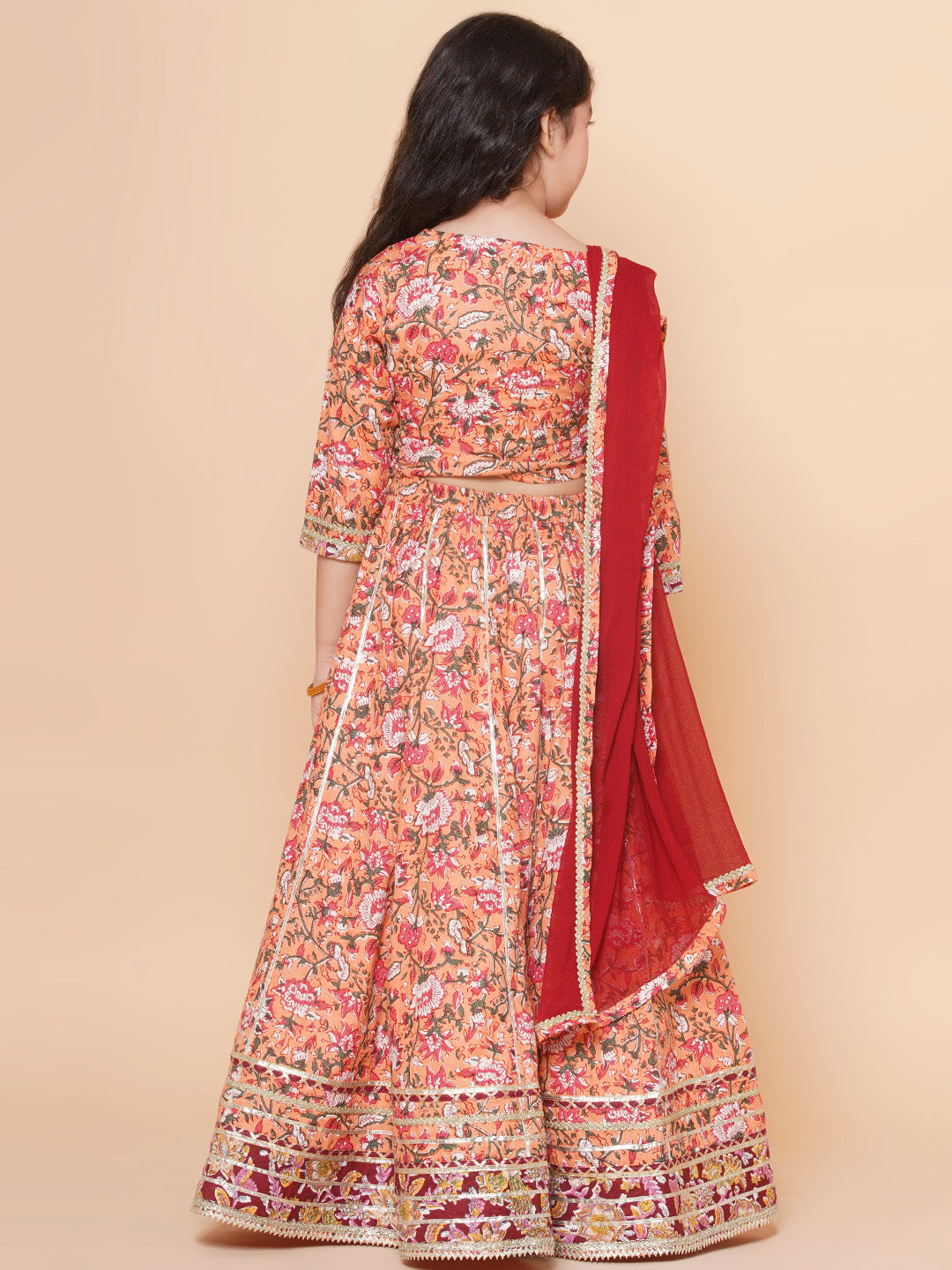 Bitiya by Bhama Girls Peach Flower Jaal Printed with Lace detailed Lehenga with Choli With Dupatta