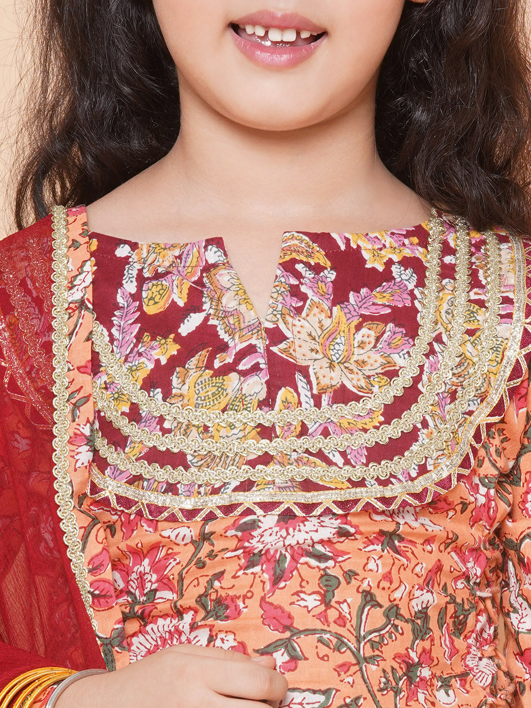 Bitiya by Bhama Girls Peach Flower Jaal Printed with Lace detailed Lehenga with Choli With Dupatta