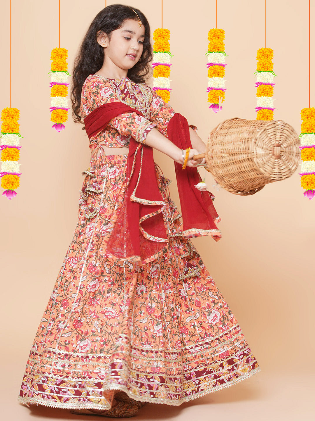 Bitiya by Bhama Girls Peach Flower Jaal Printed with Lace detailed Lehenga with Choli With Dupatta