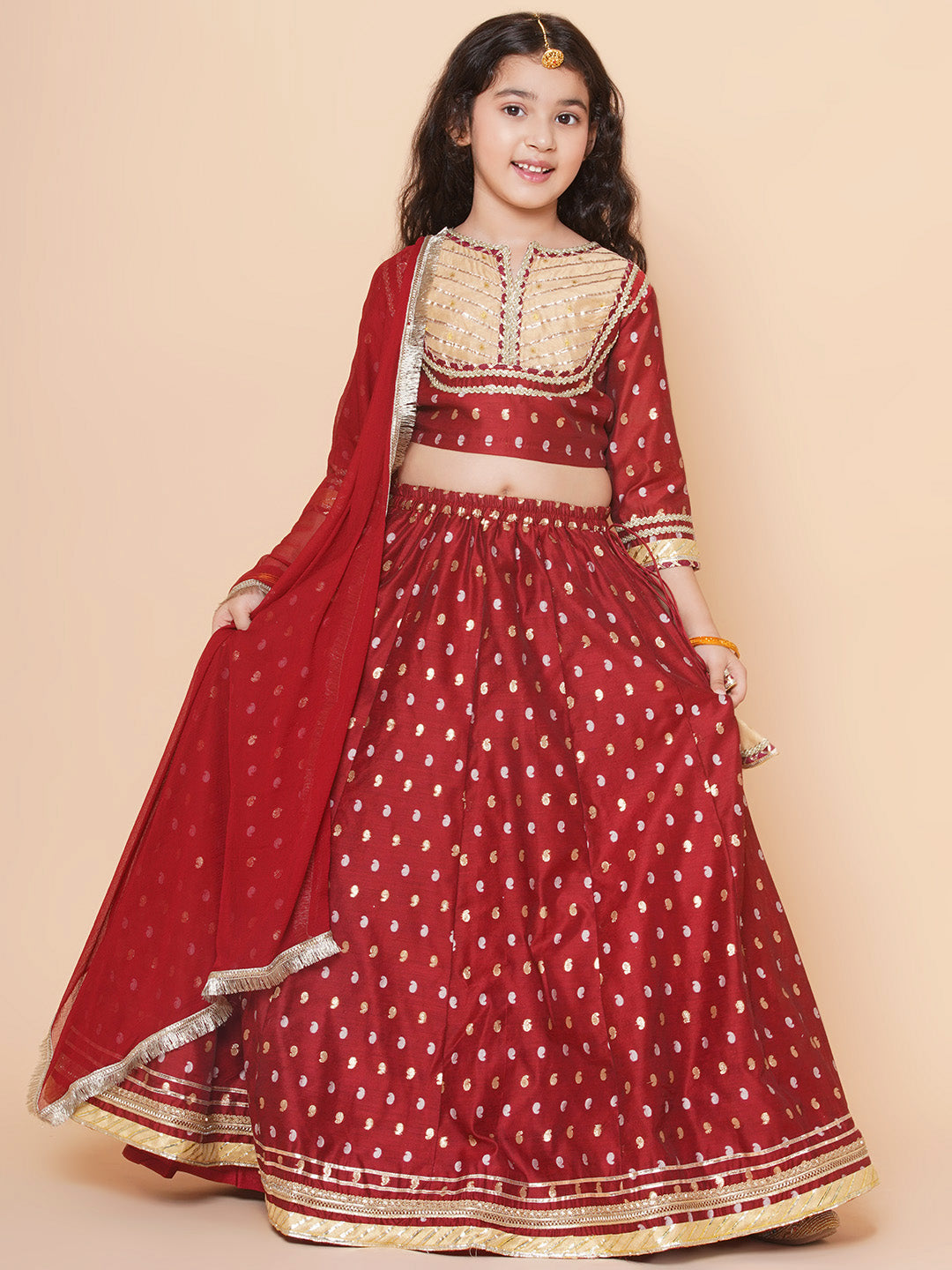 Bitiya by Bhama Girls Maroon & Beige Jacquard booti Lace Work Choli Lehenga With Dupatta