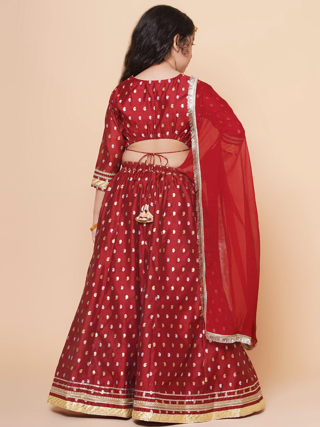 Bitiya by Bhama Girls Maroon & Beige Jacquard booti Lace Work Choli Lehenga With Dupatta