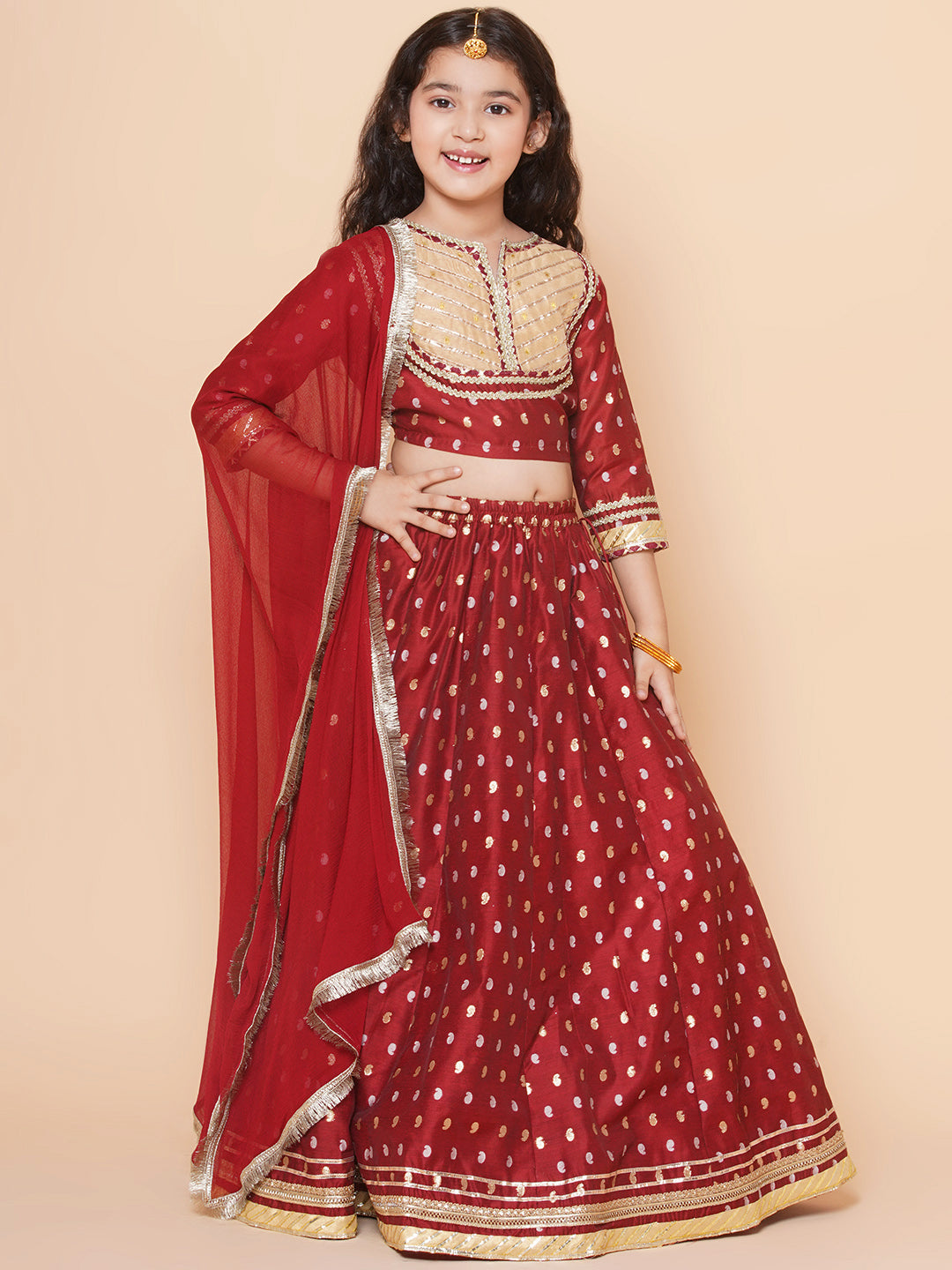 Bitiya by Bhama Girls Maroon & Beige Jacquard booti Lace Work Choli Lehenga With Dupatta