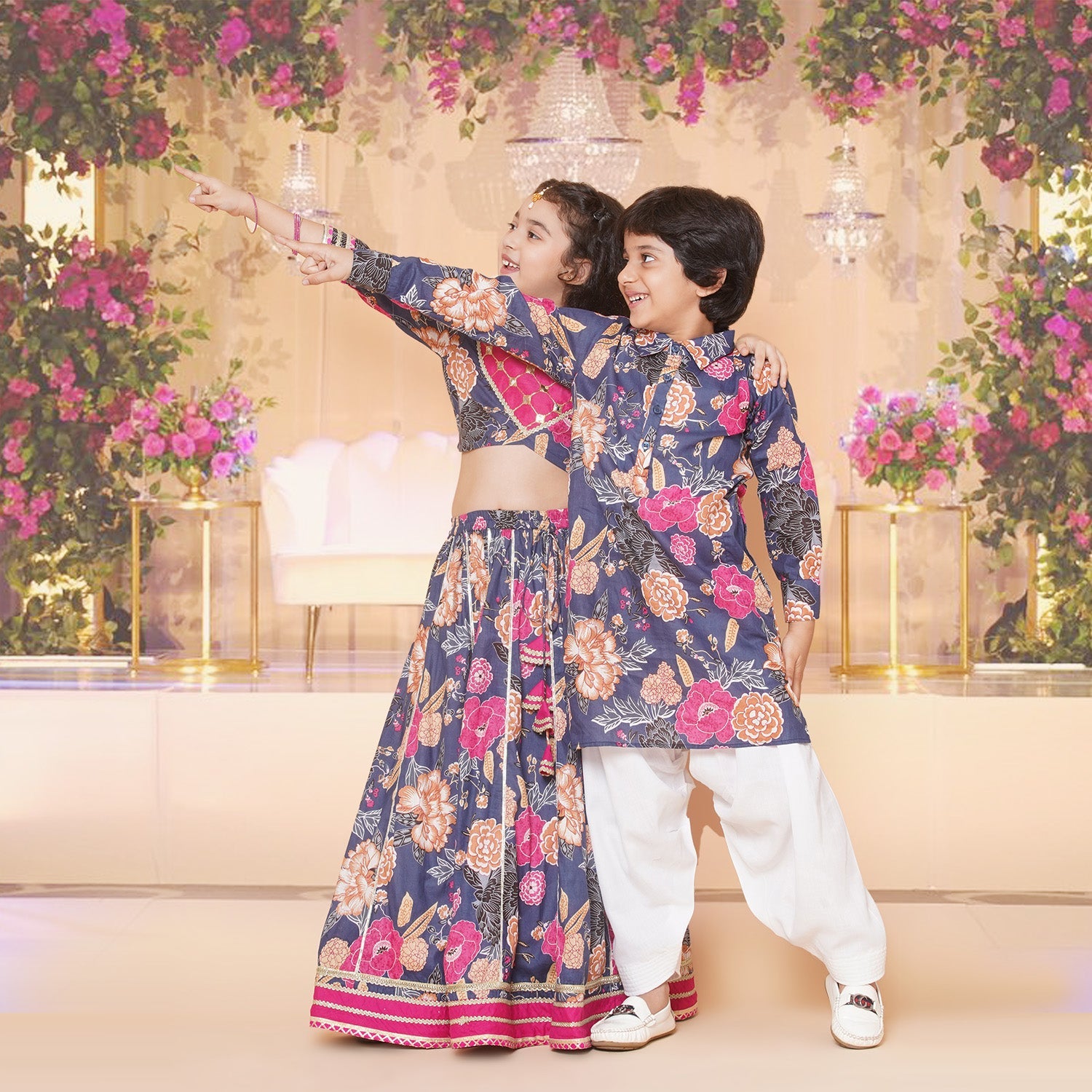 Bitiya by Bhama Girls Blue & Pink Flower Printed with Embroidered yoke Choli, Lehenga with Dupatta