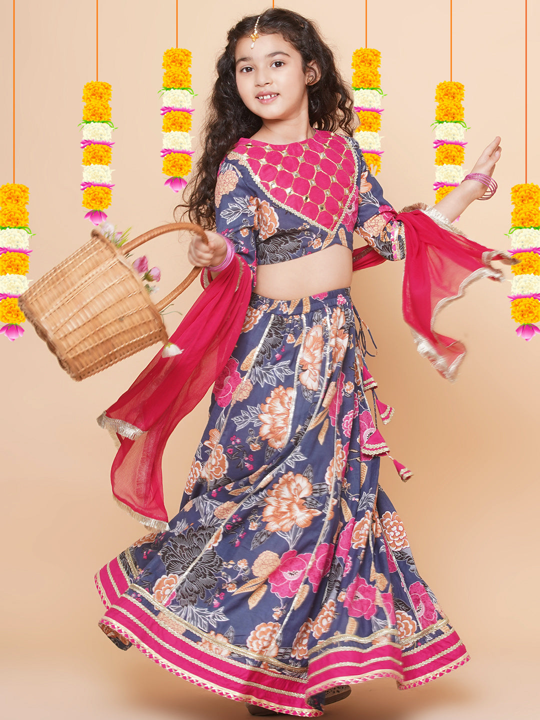 Bitiya by Bhama Girls Blue & Pink Flower Printed with Embroidered yoke Choli, Lehenga with Dupatta