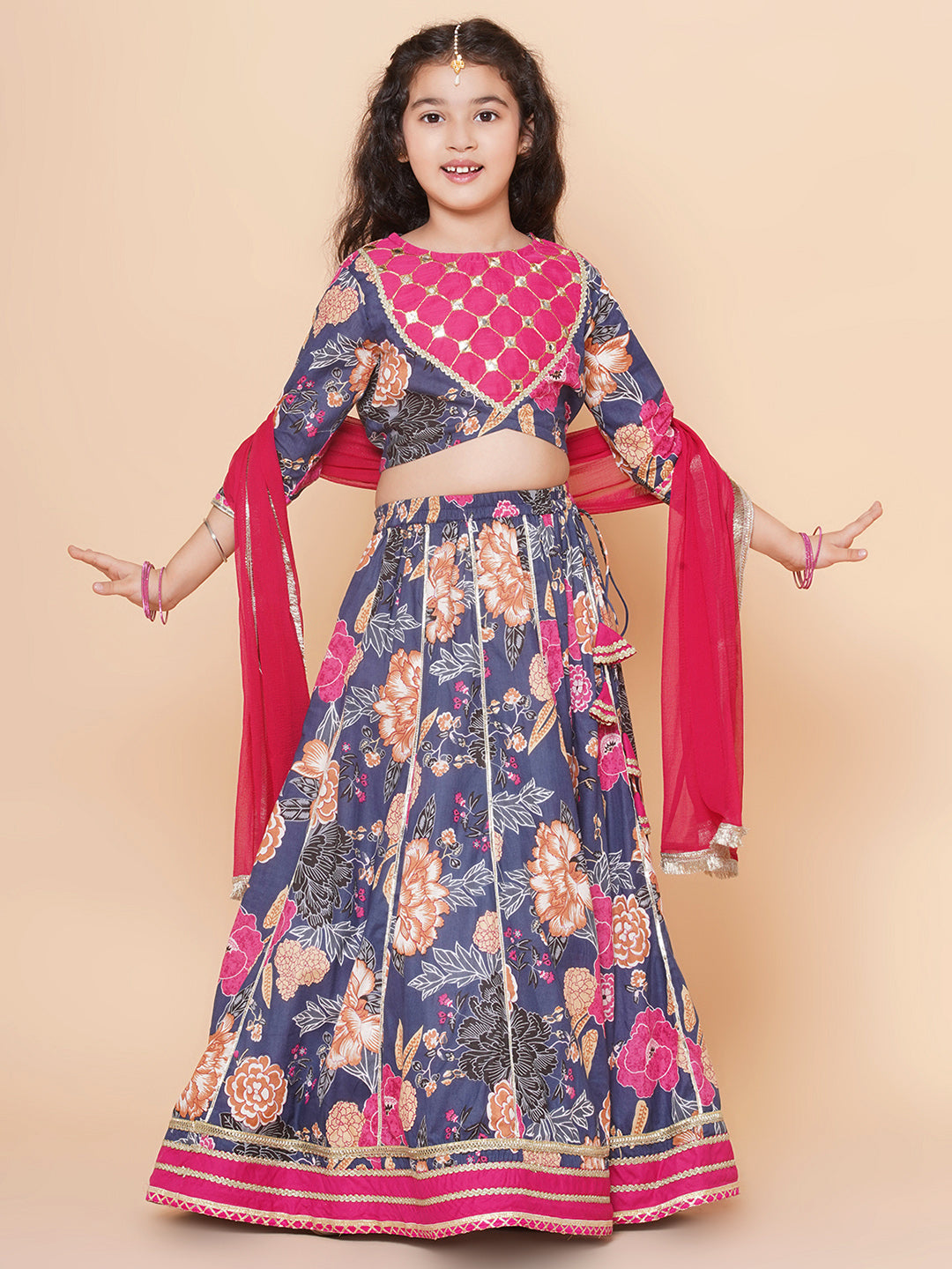Bitiya by Bhama Girls Blue & Pink Flower Printed with Embroidered yoke Choli, Lehenga with Dupatta