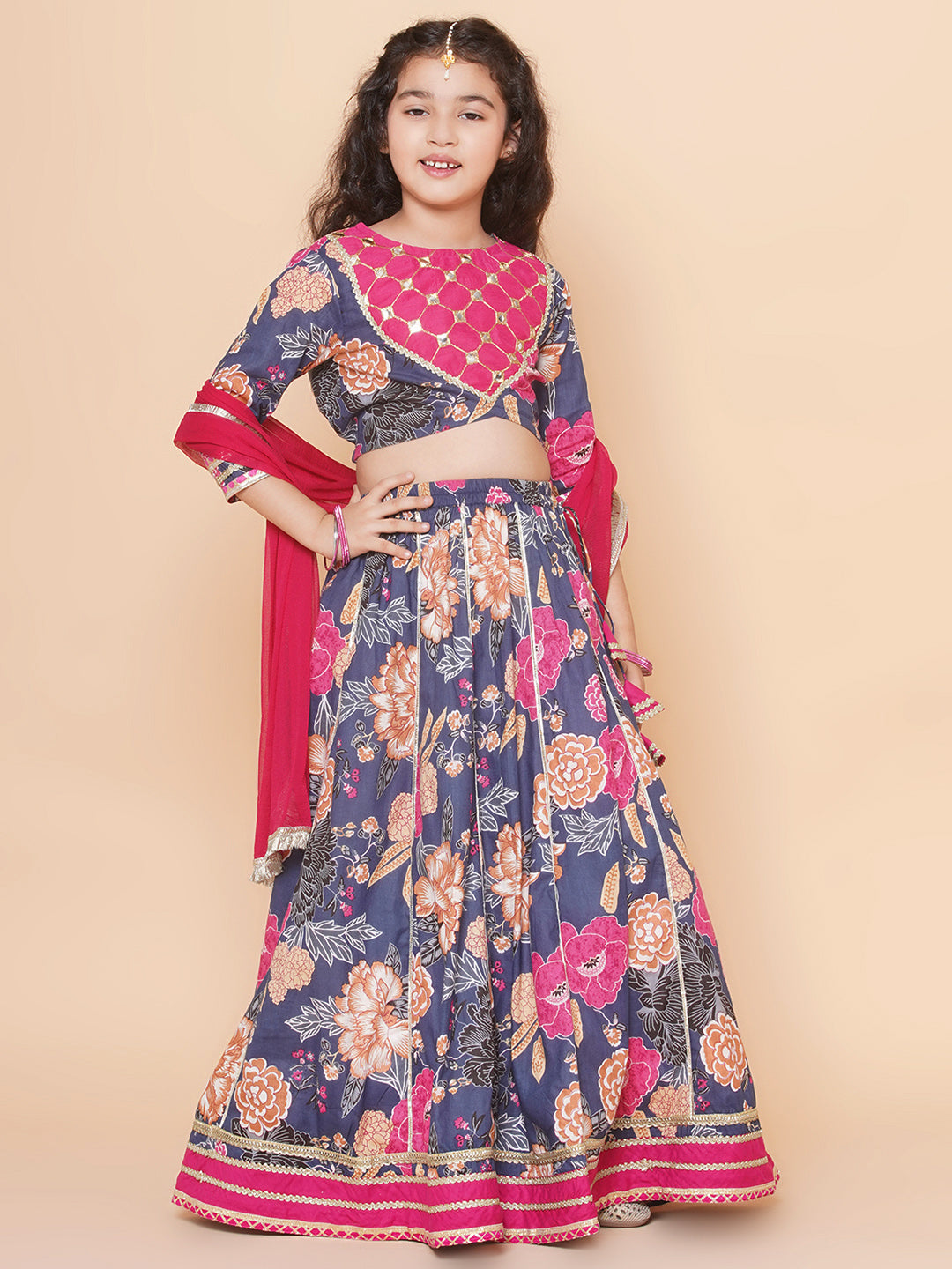 Bitiya by Bhama Girls Blue & Pink Flower Printed with Embroidered yoke Choli, Lehenga with Dupatta