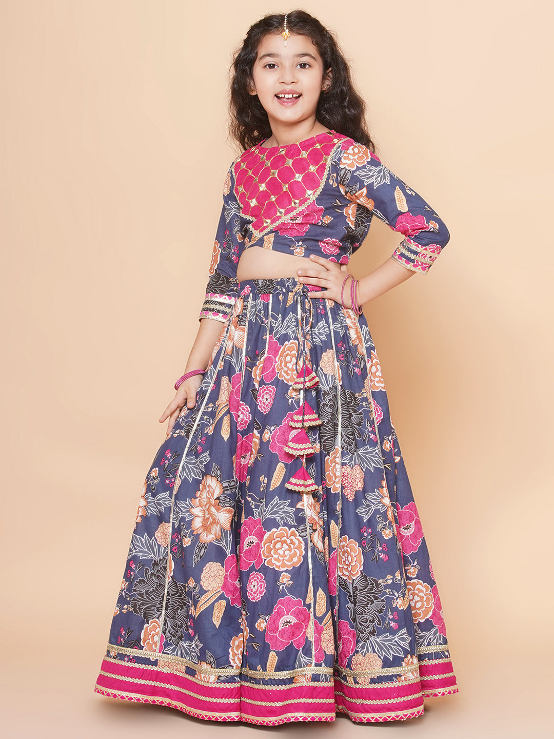 Bitiya by Bhama Girls Blue & Pink Flower Printed with Embroidered yoke Choli, Lehenga with Dupatta