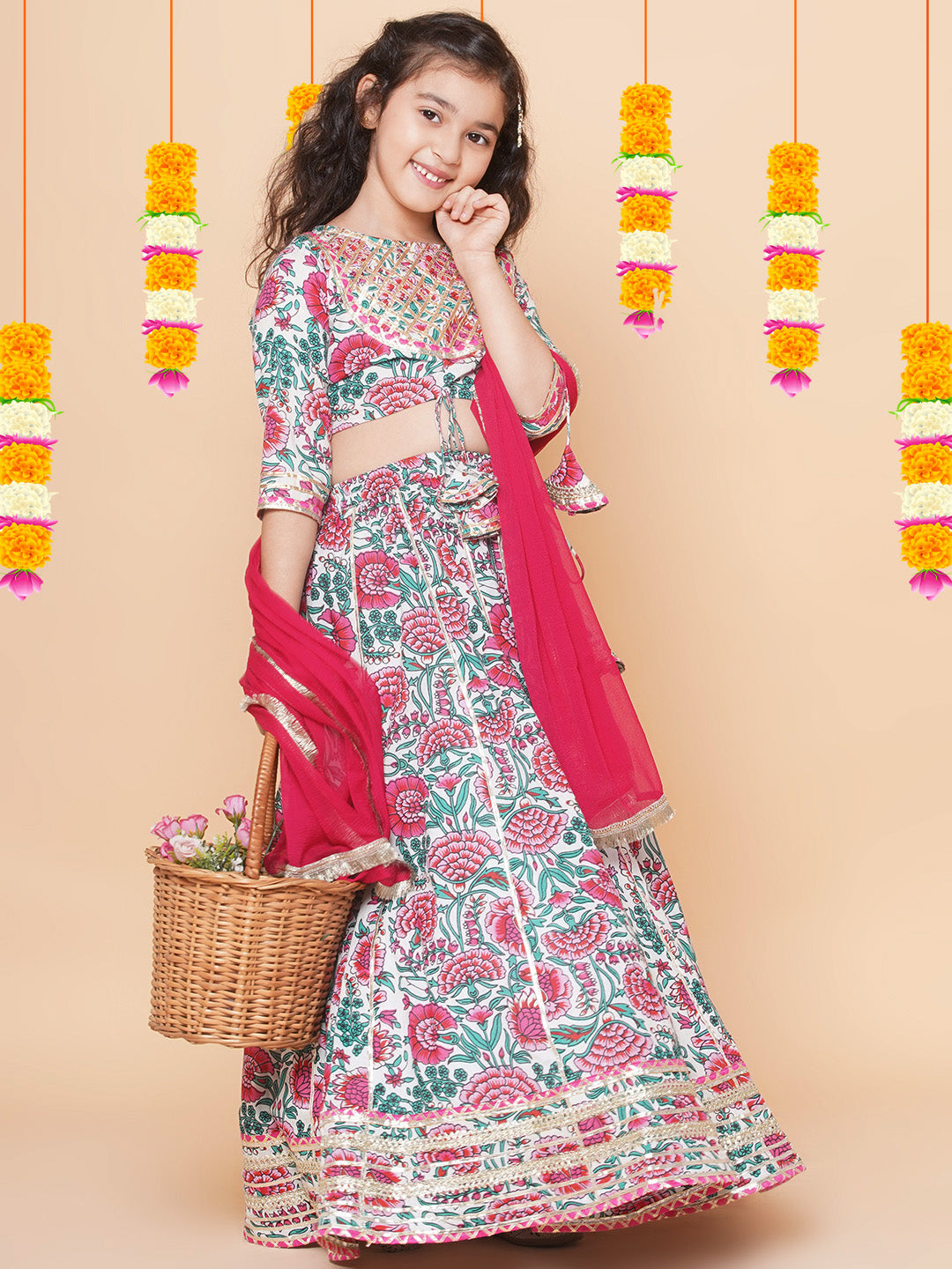 Bitiya by Bhama Girls Off White & Pink Flower Print Choli Ready to wear Lehenga With Dupatta