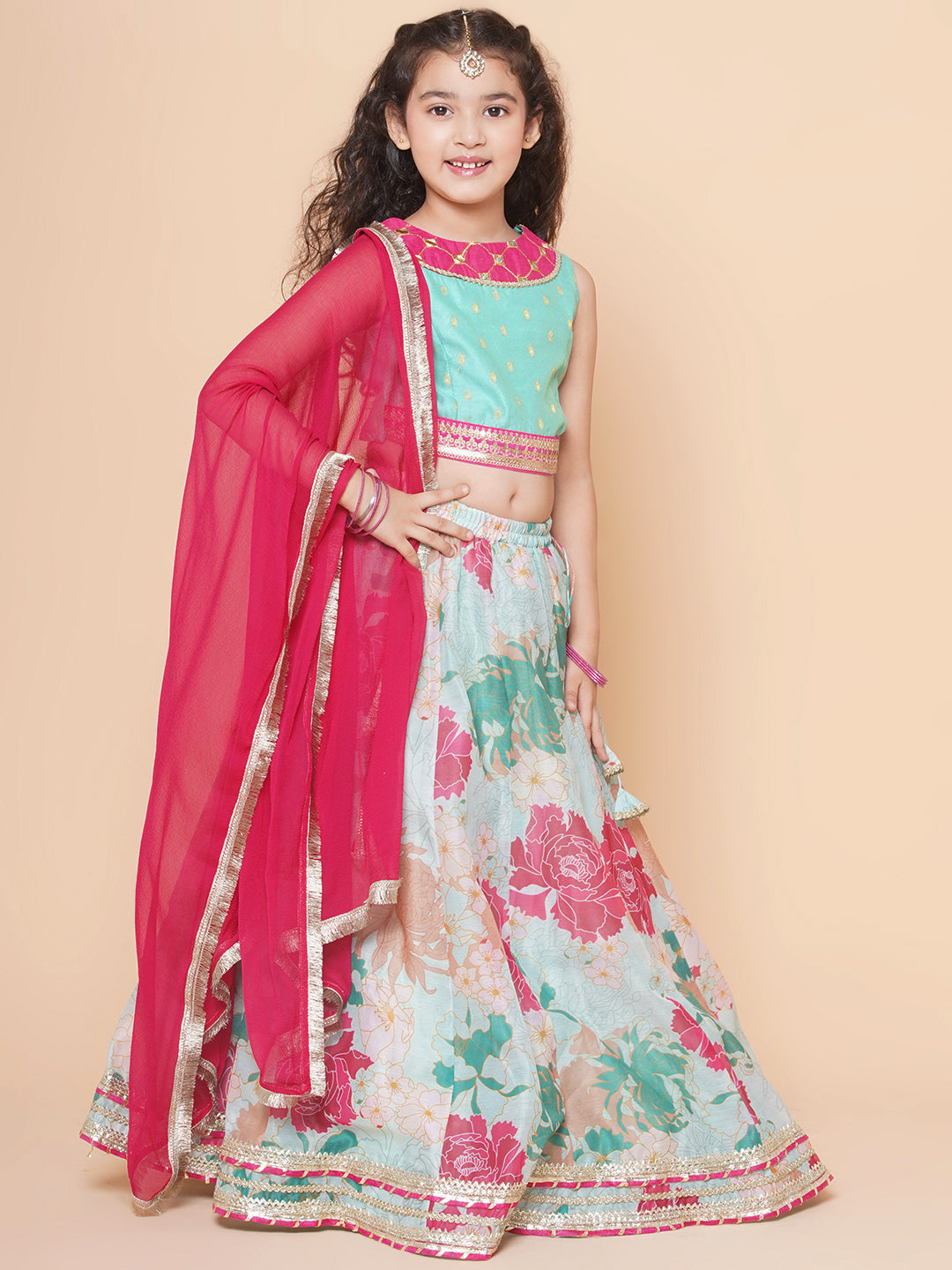 Bitiya by Bhama Girls Pink Green Multi printed lehenga with Pink Embroiderd Choli with Pink Dupatta