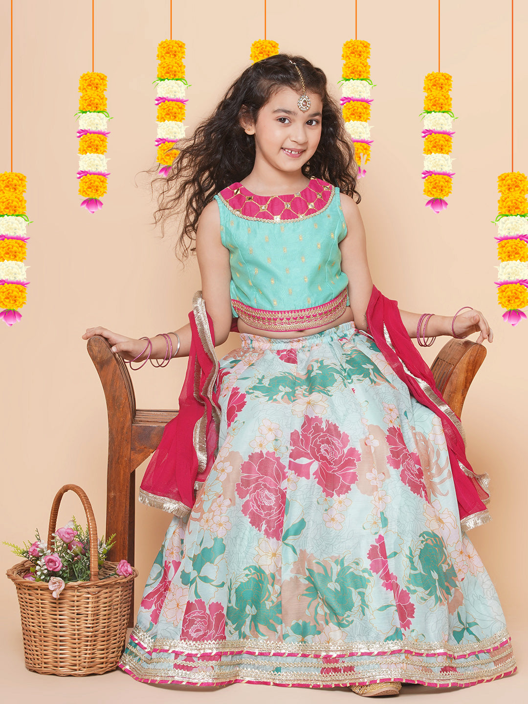 Bitiya by Bhama Girls Pink Green Multi printed lehenga with Pink Embroiderd Choli with Pink Dupatta