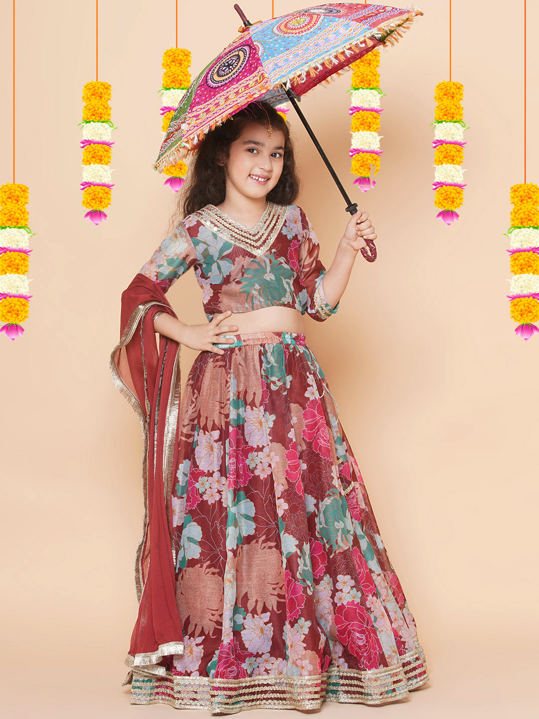 Bitiya by Bhama Girls Maroon Digital Multi Flower Printed Choli Lehenga with Maroon Dupatta