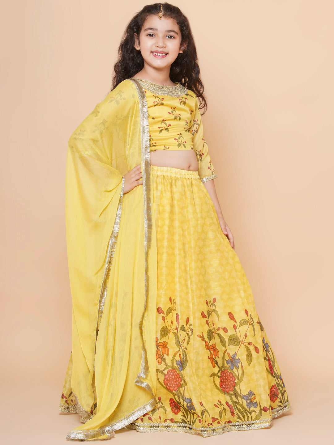 Bitiya by Bhama Girls Yellow Digital Flower Print Lace work Choli Ready to wear Lehenga with Dupatta