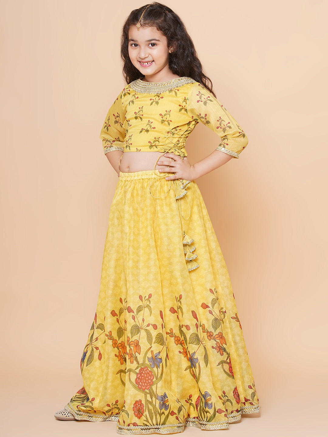 Bitiya by Bhama Girls Yellow Digital Flower Print Lace work Choli Ready to wear Lehenga with Dupatta