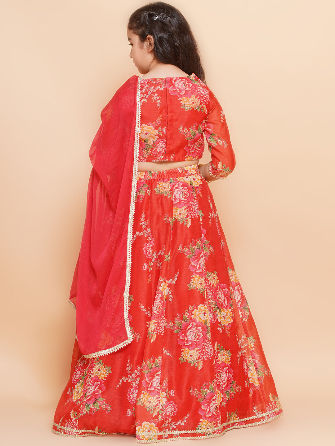 Bitiya by Bhama Girls Red & Green Digital Flower Print Lace work Choli Lehenga with Dupatta