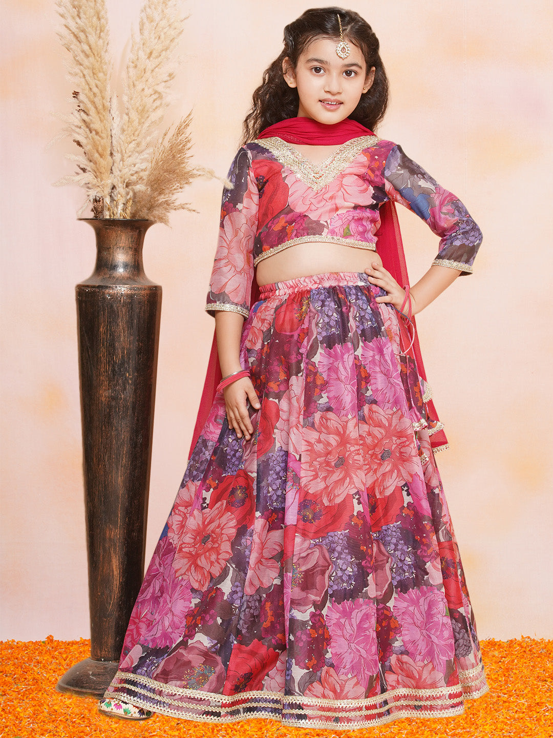 Bitiya by Bhama Girls Purple & Pink Digital Flower Print Lace work Choli Lehenga with Dupatta