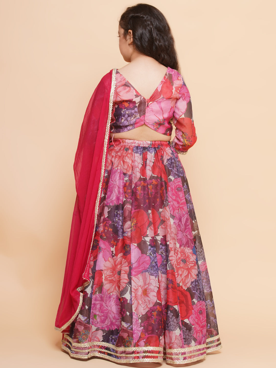 Bitiya by Bhama Girls Purple & Pink Digital Flower Print Lace work Choli Lehenga with Dupatta