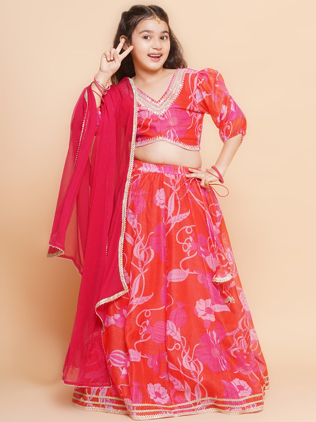 Bitiya by Bhama Girls Red & Pink Digital Flower Print Lace work Choli Lehenga with Dupatta