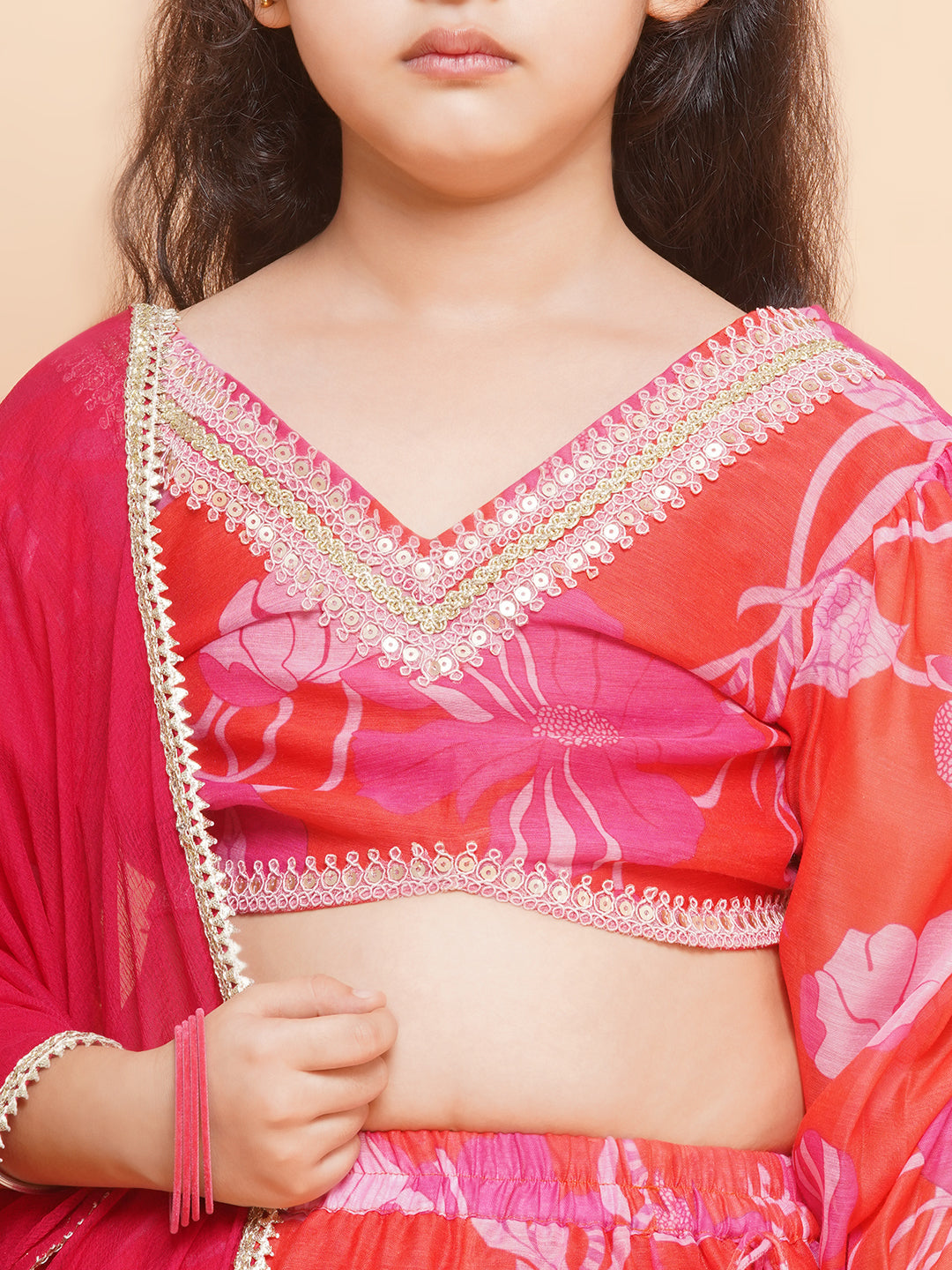 Bitiya by Bhama Girls Red & Pink Digital Flower Print Lace work Choli Lehenga with Dupatta