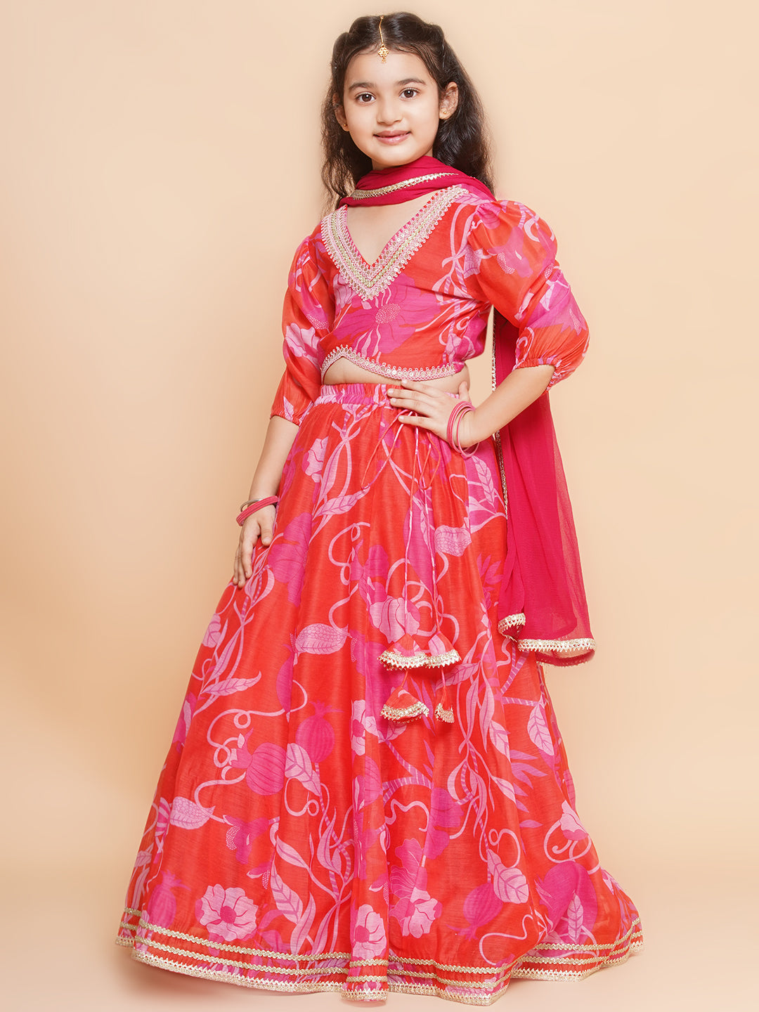 Bitiya by Bhama Girls Red & Pink Digital Flower Print Lace work Choli Lehenga with Dupatta