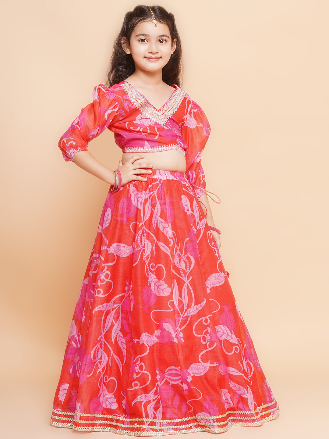 Bitiya by Bhama Girls Red & Pink Digital Flower Print Lace work Choli Lehenga with Dupatta