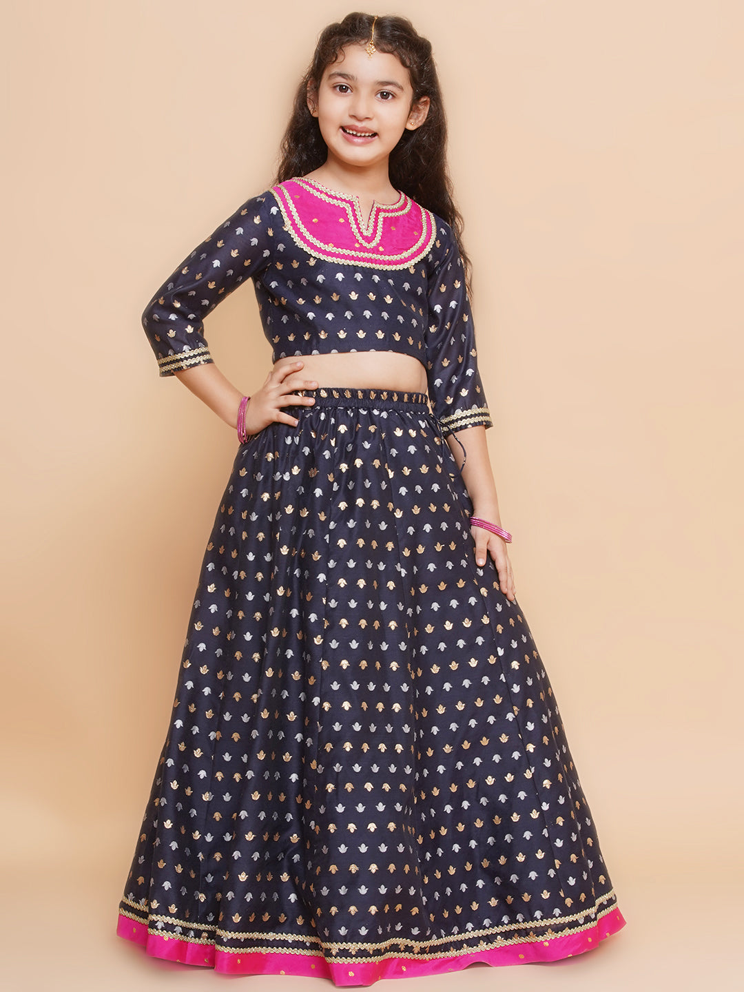 Bitiya by Bhama Girls Navy blue Jacquard design Lehenga &Detailed Blouse With Dupatta