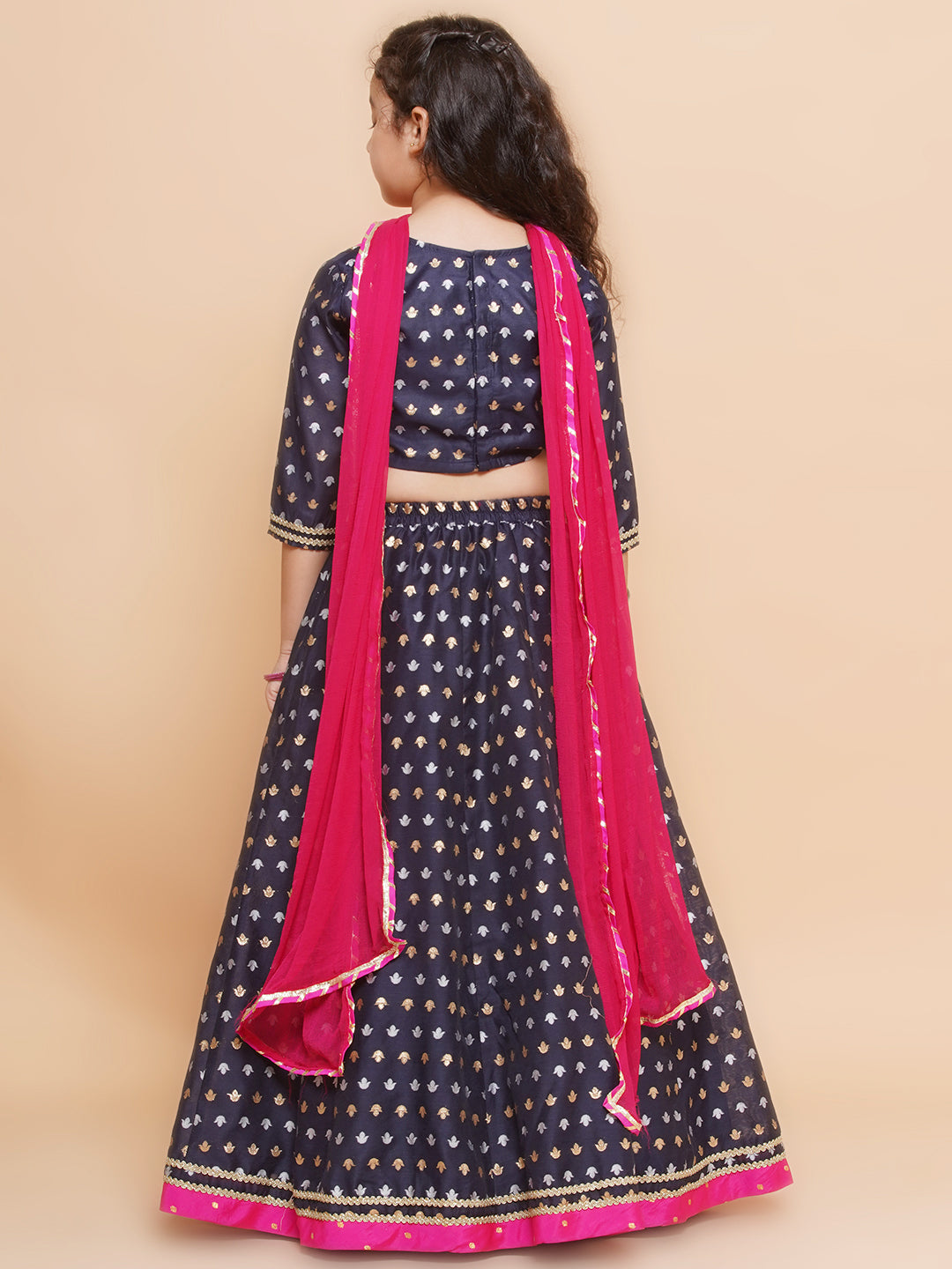 Bitiya by Bhama Girls Navy blue Jacquard design Lehenga &Detailed Blouse With Dupatta