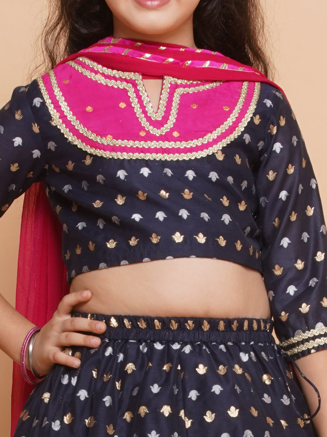 Bitiya by Bhama Girls Navy blue Jacquard design Lehenga &Detailed Blouse With Dupatta