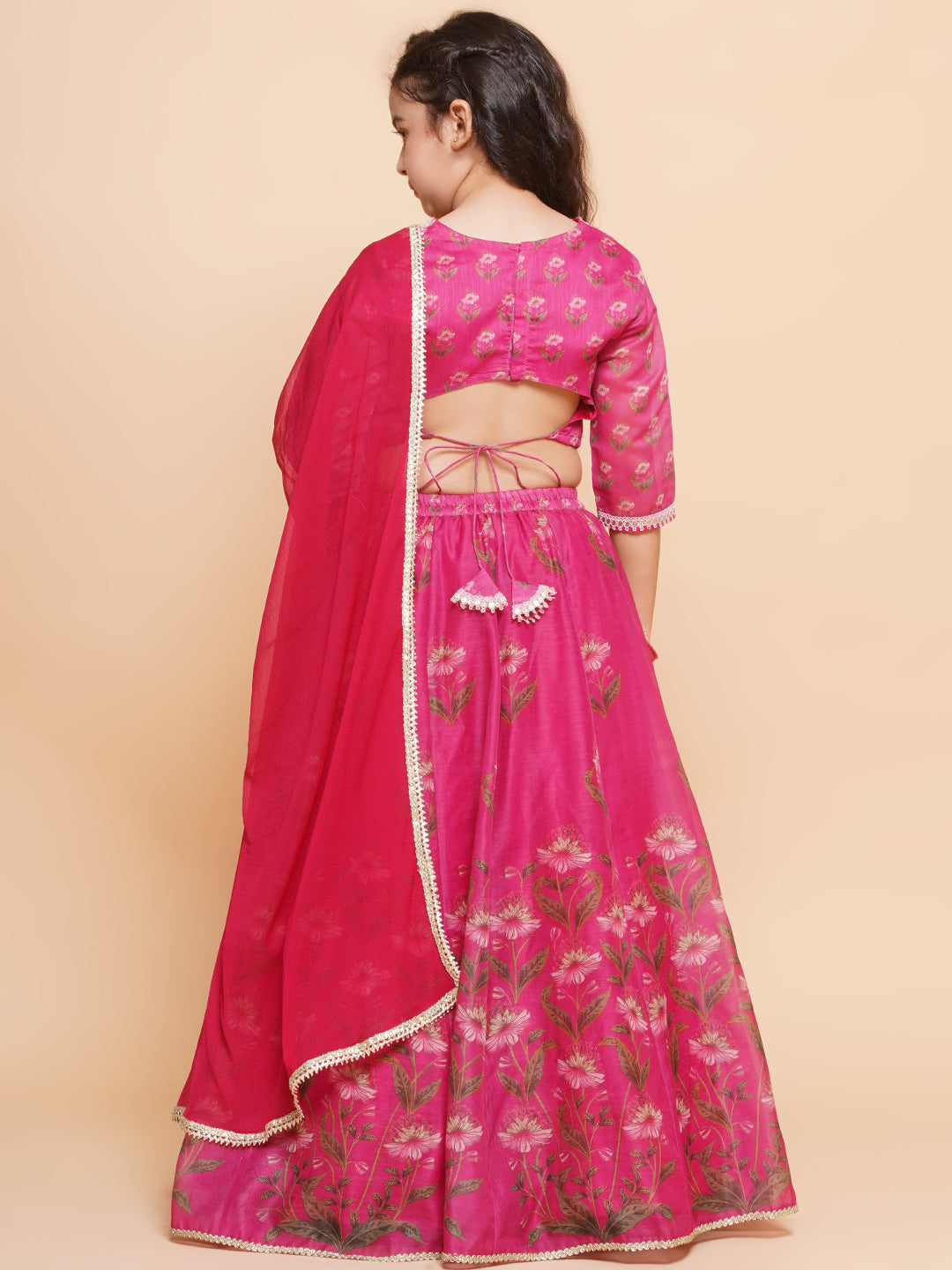 Bitiya by Bhama Girls Dark Pink Floral Printed Ready to Wear Lehenga & Blouse With Dupatta