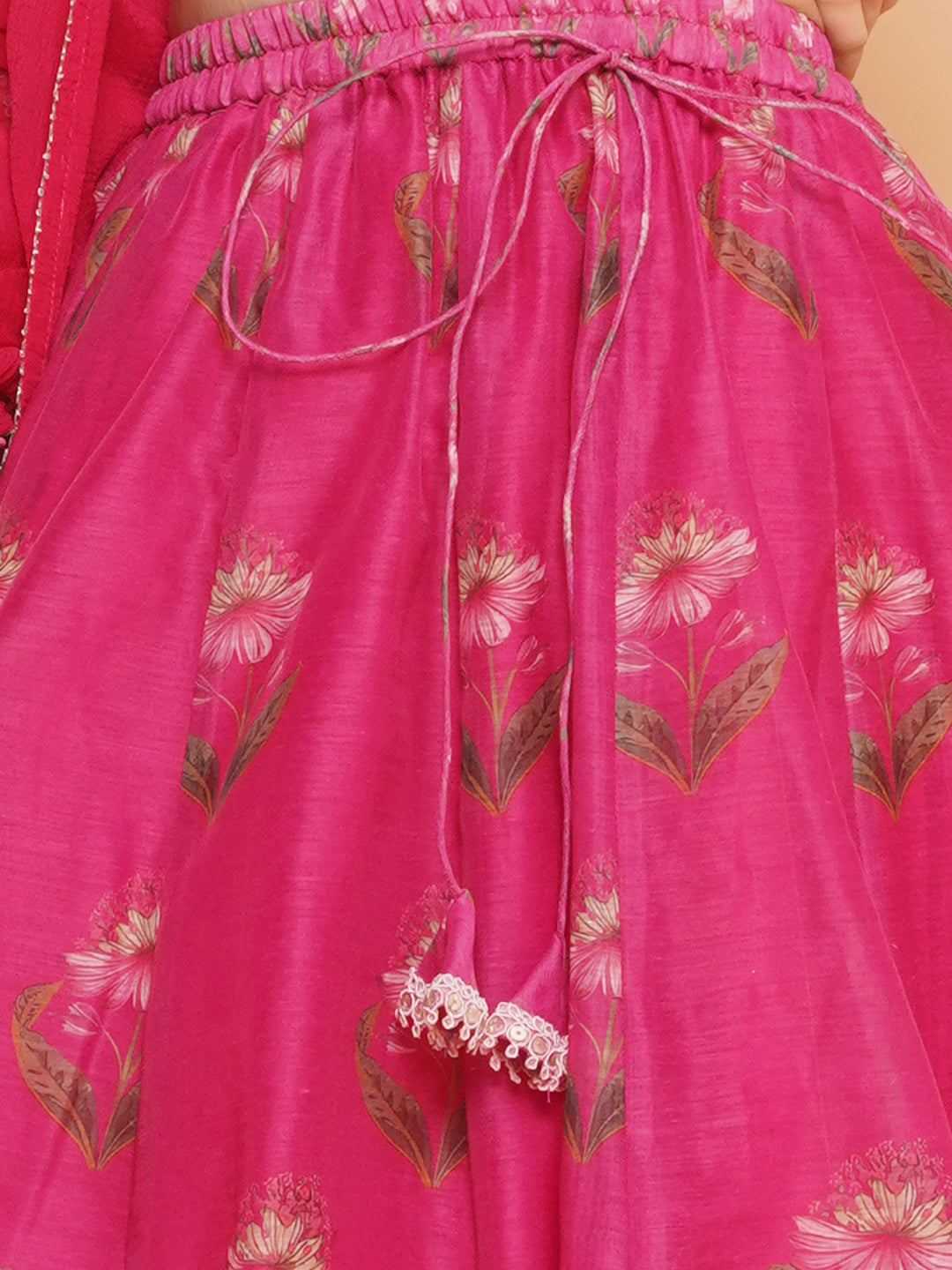 Bitiya by Bhama Girls Dark Pink Floral Printed Ready to Wear Lehenga & Blouse With Dupatta