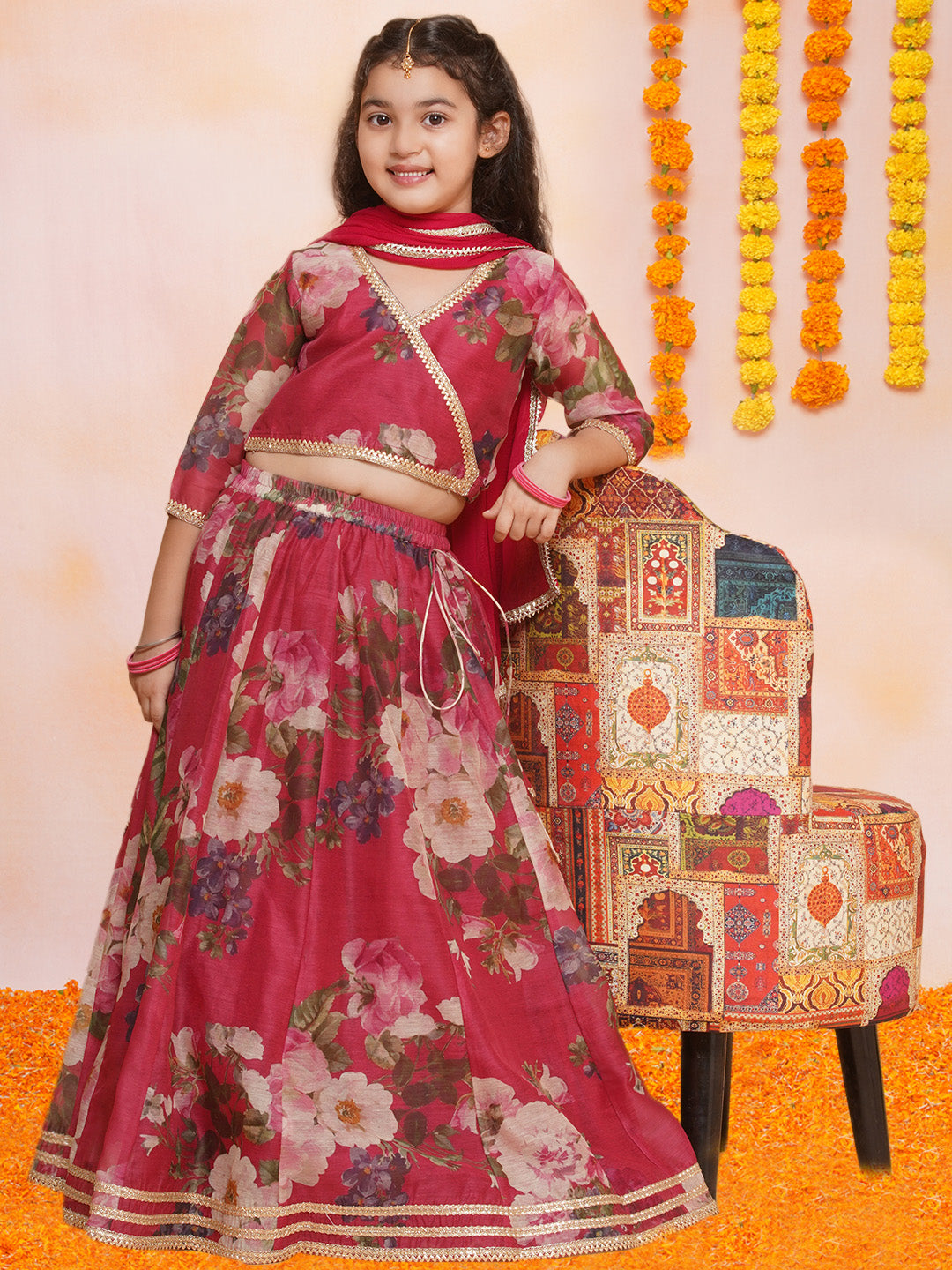 Bitiya by Bhama Girls Maroon Floral Printed Ready to Wear Lehenga & Blouse With Dupatta