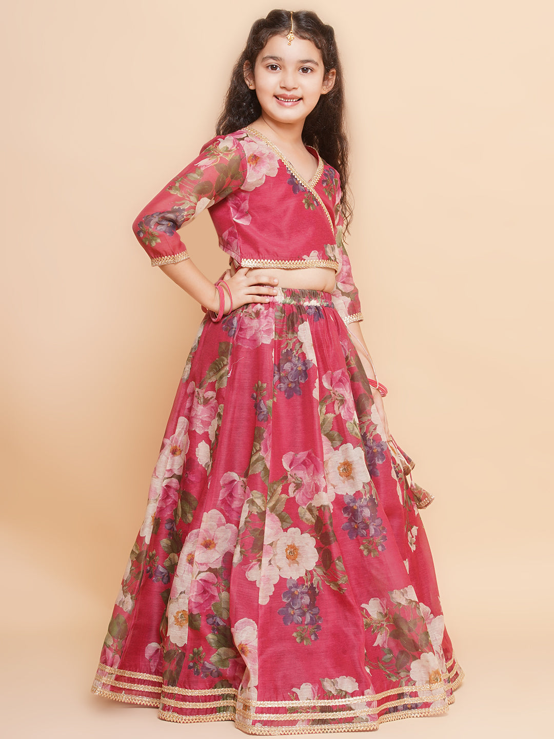 Bitiya by Bhama Girls Maroon Floral Printed Ready to Wear Lehenga & Blouse With Dupatta