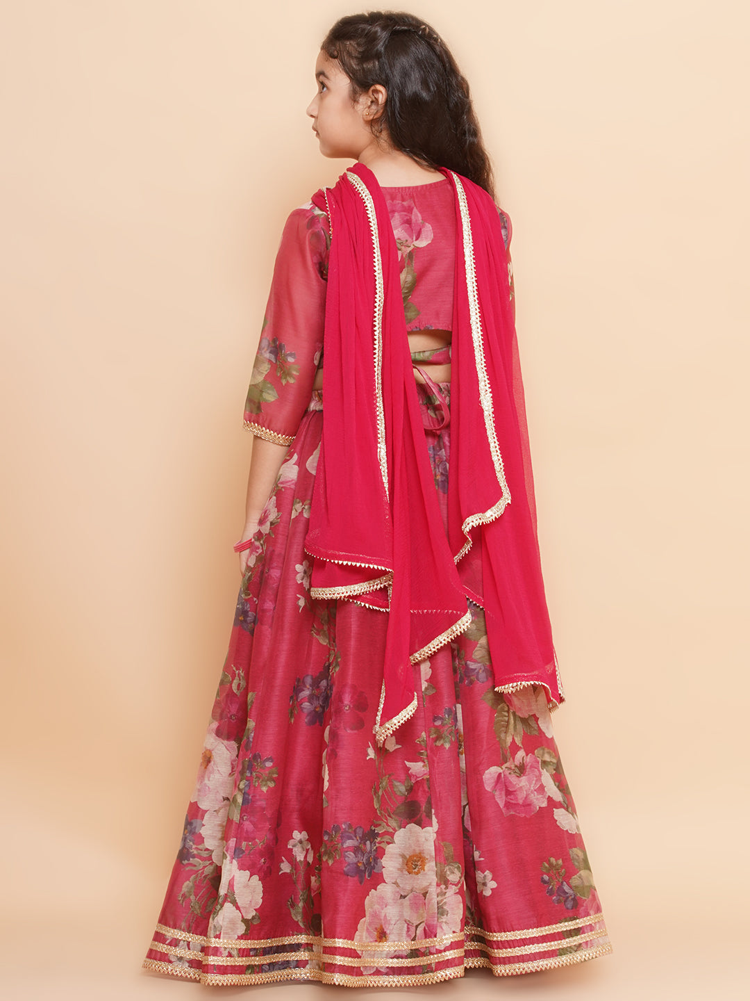 Bitiya by Bhama Girls Maroon Floral Printed Ready to Wear Lehenga & Blouse With Dupatta