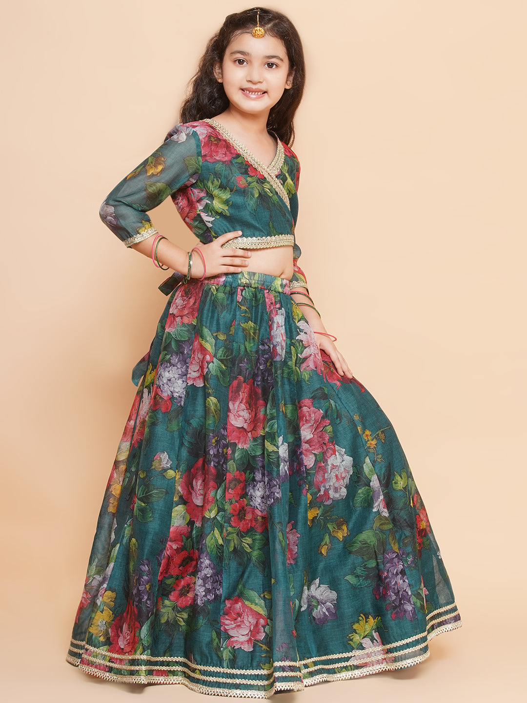 Bitiya by Bhama Girls Green Floral Printed Ready to Wear Lehenga & Blouse With Dupatta