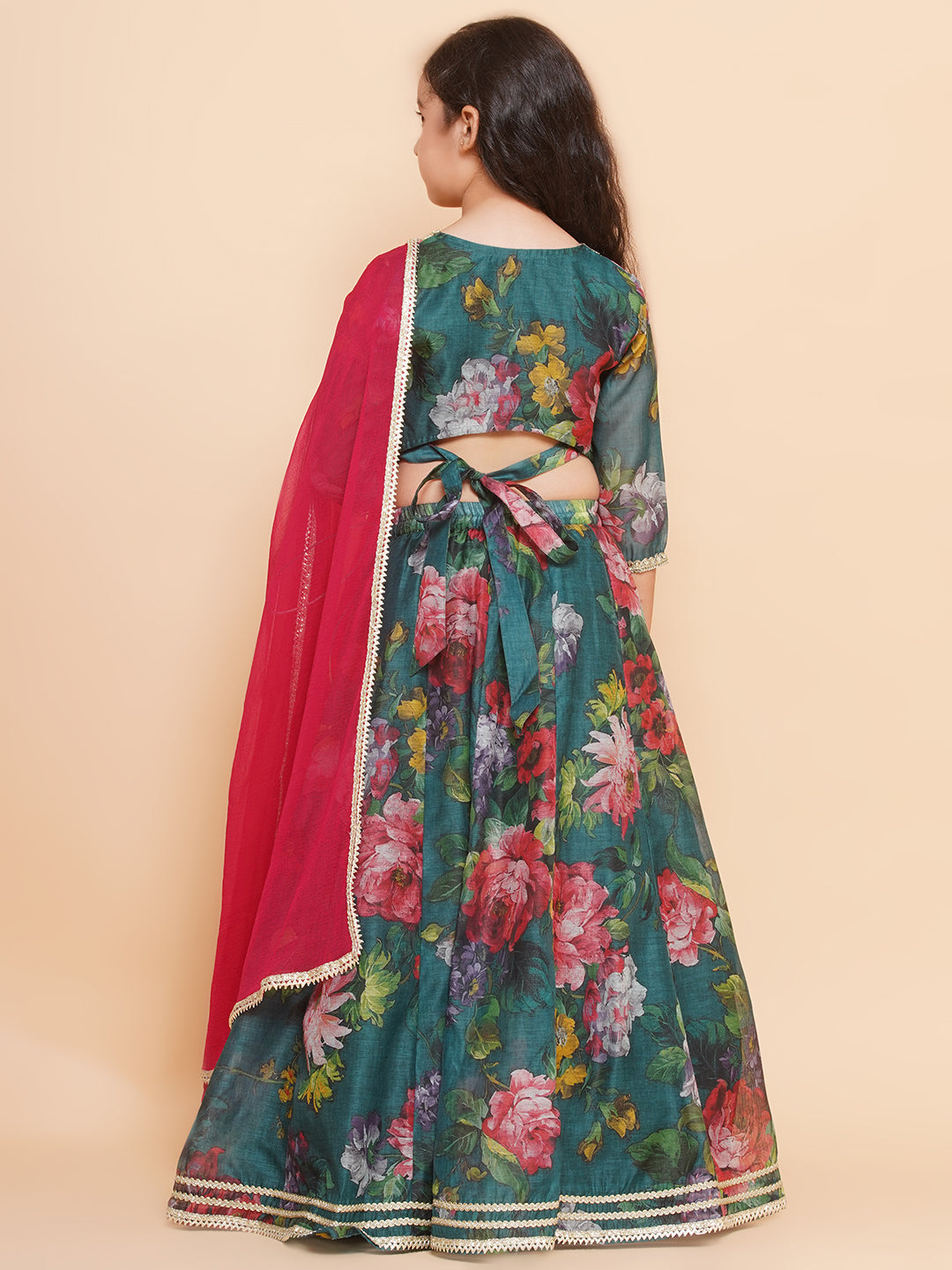 Bitiya by Bhama Girls Green Floral Printed Ready to Wear Lehenga & Blouse With Dupatta