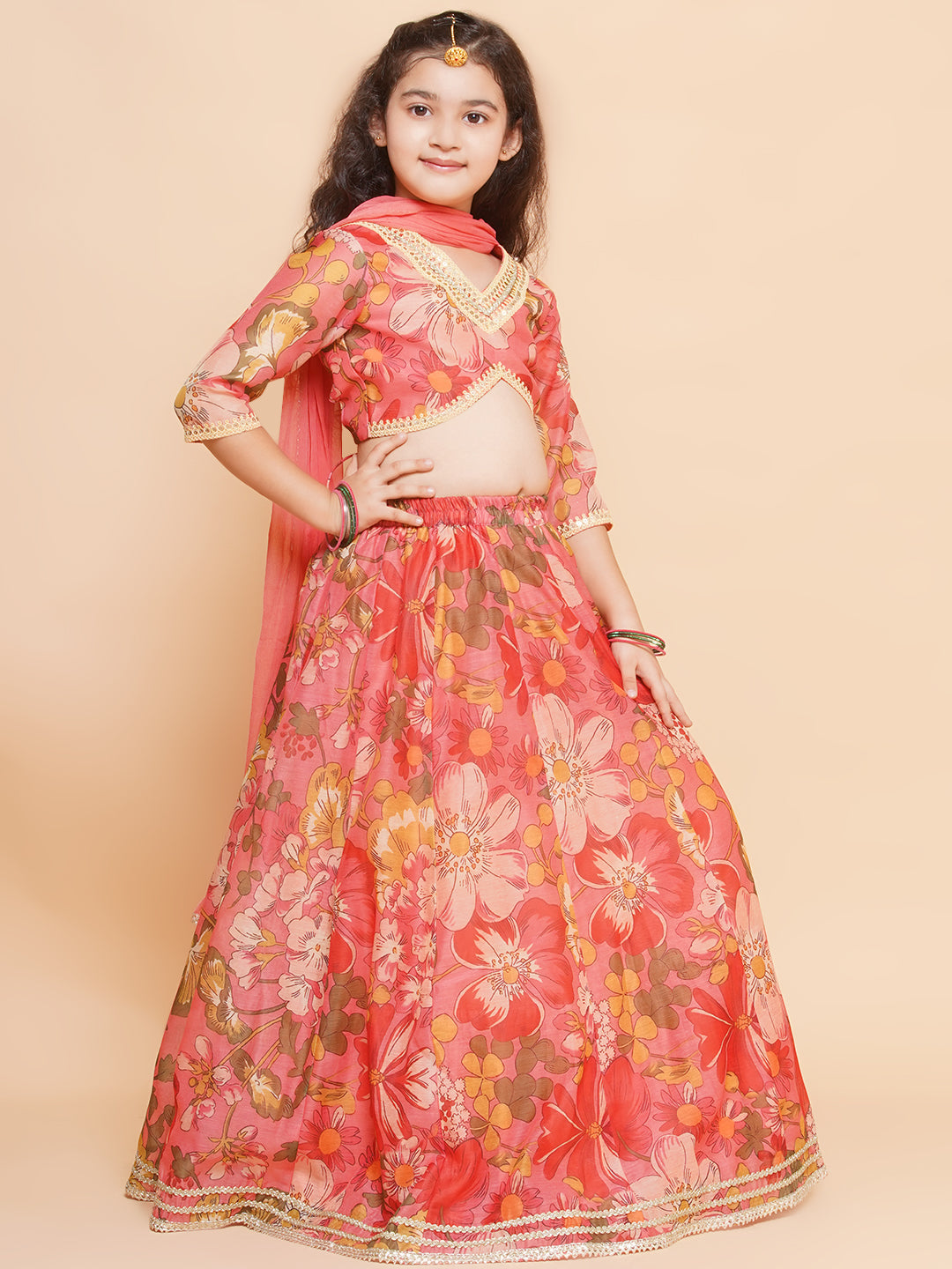 Bitiya by Bhama Girls Floral Printed Ready to Wear Lehenga & Blouse With Dupatta