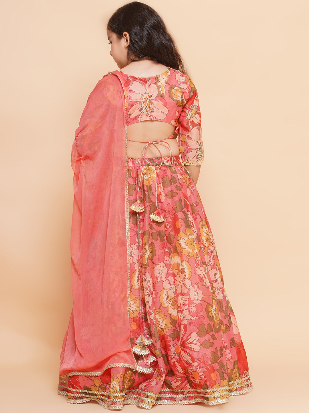 Bitiya by Bhama Girls Floral Printed Ready to Wear Lehenga & Blouse With Dupatta